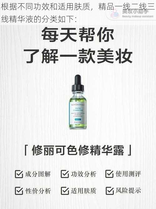 根据不同功效和适用肤质，精品一线二线三线精华液的分类如下：