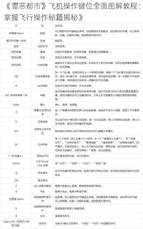 《罪恶都市》飞机操作键位全面图解教程：掌握飞行操作秘籍揭秘》